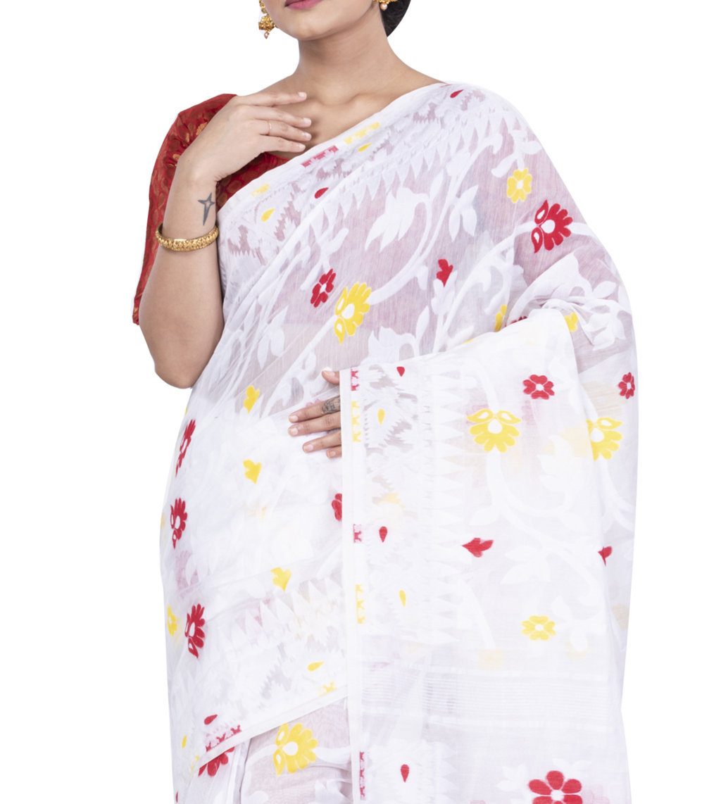 White Pure Cotton Fulpori__Jamd Jamdani Saree (495)